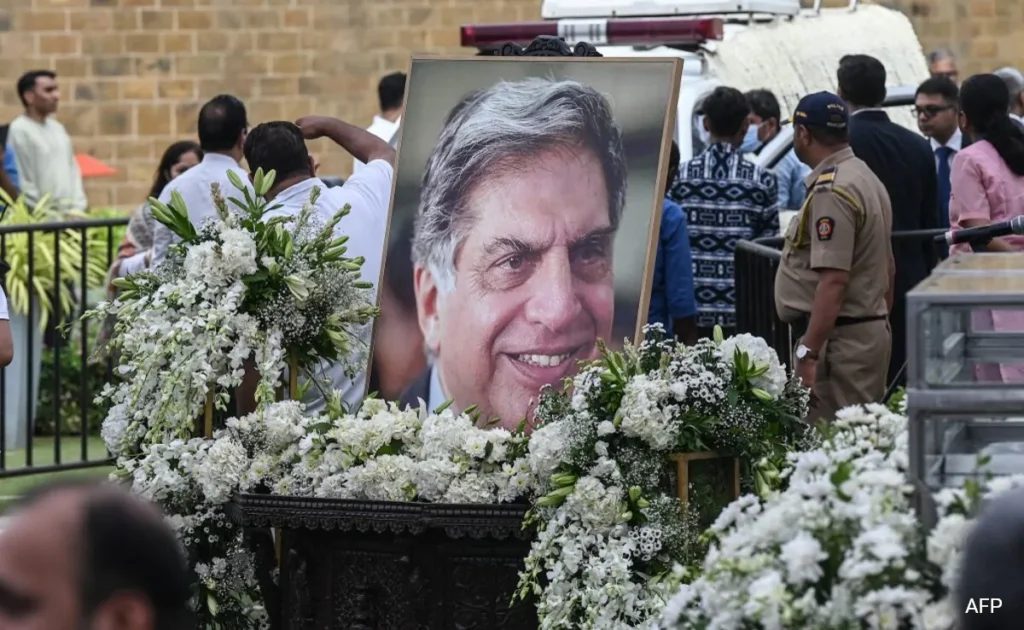 Mourners gather to honor Ratan Tata, the former chairman of Tata Group, at a memorial service in Mumbai, India, on October 10, 2024.